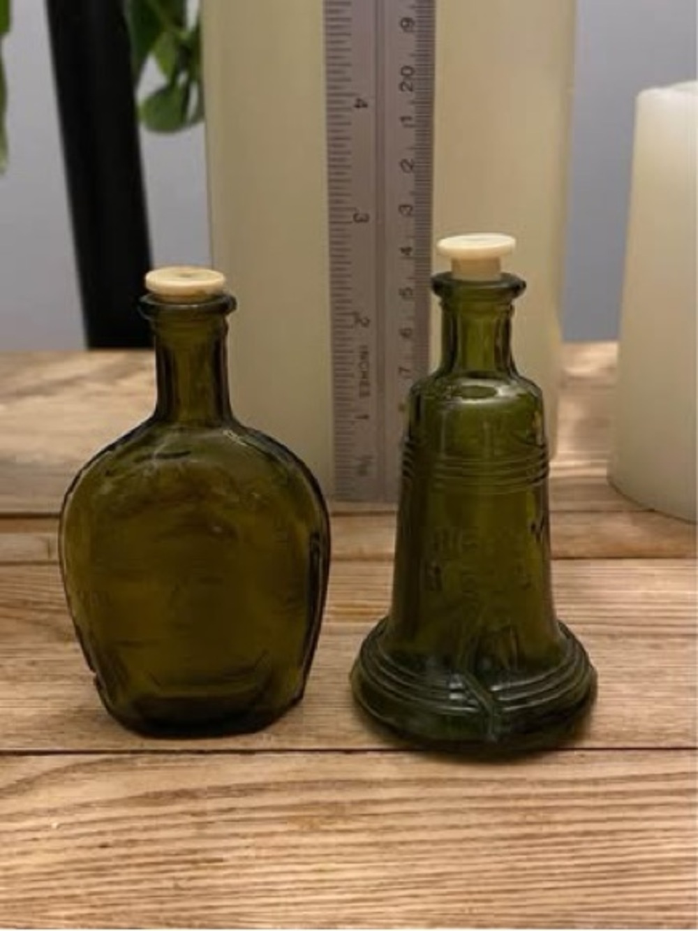 Vintage Green Glass Miniature Flask & Liberty Bell Salt and Pepper Shakers Set